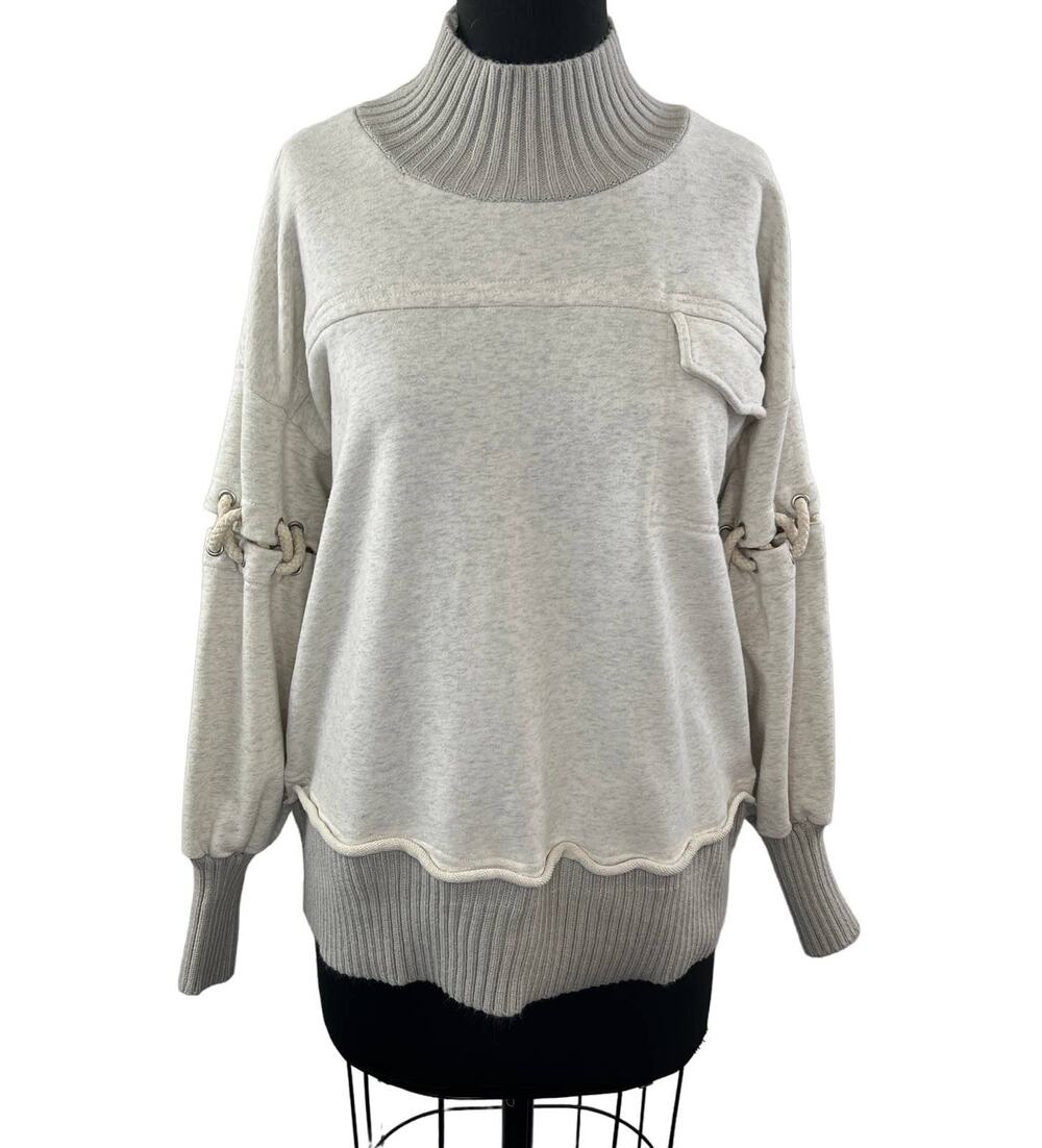 POL Heather Gray M Oversized Knit Sweater High Neck Lace Long Sleeve Pullover